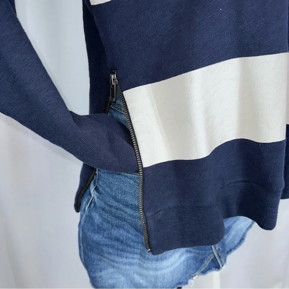 J Crew French Terry Pullover Top Navy White Bold‎ Stripes Side Zipper Nautical M